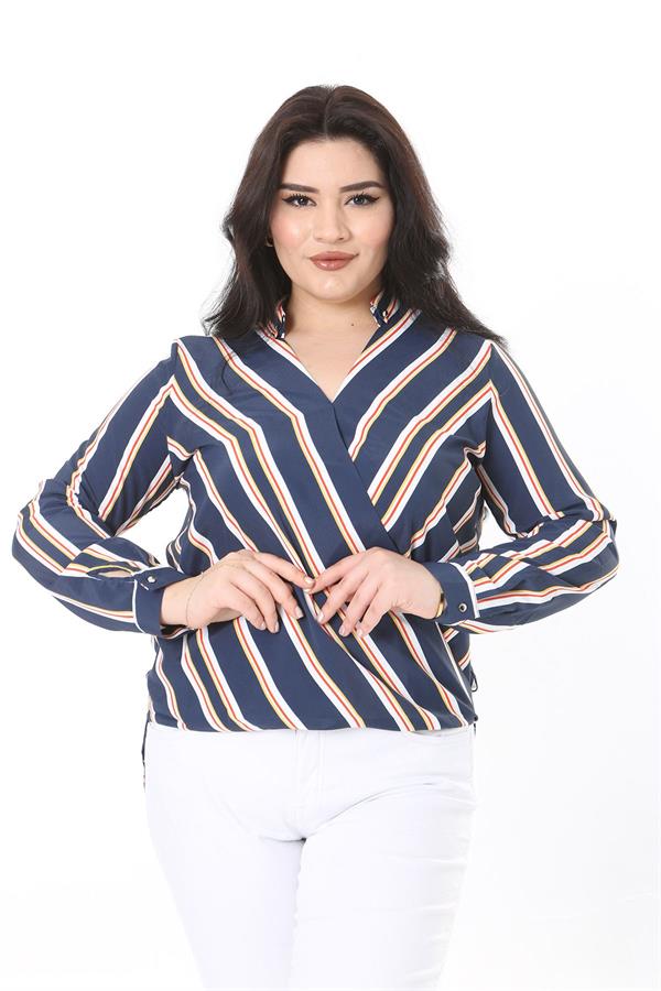 Kadın Büyük Beden Bej Dokuma Viskon Kumaş Kapalı Anvelop Bluz 65N37614