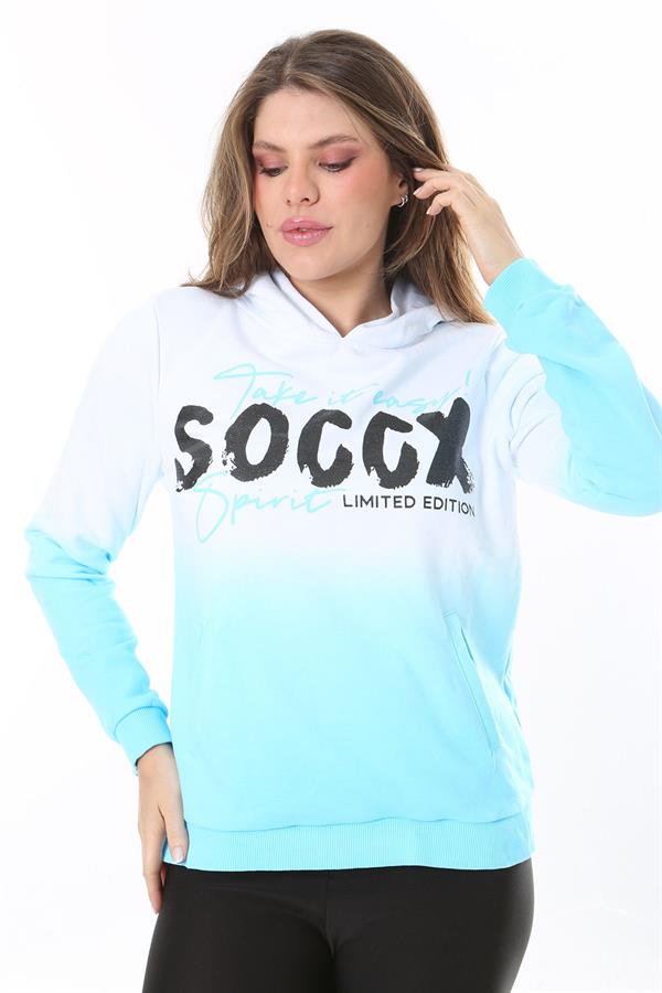 Kadın Büyük Beden Renkli İki İplik Sim Ve Ön Baskı Detaylı Kapşonlu Sweatshirt 65N37162