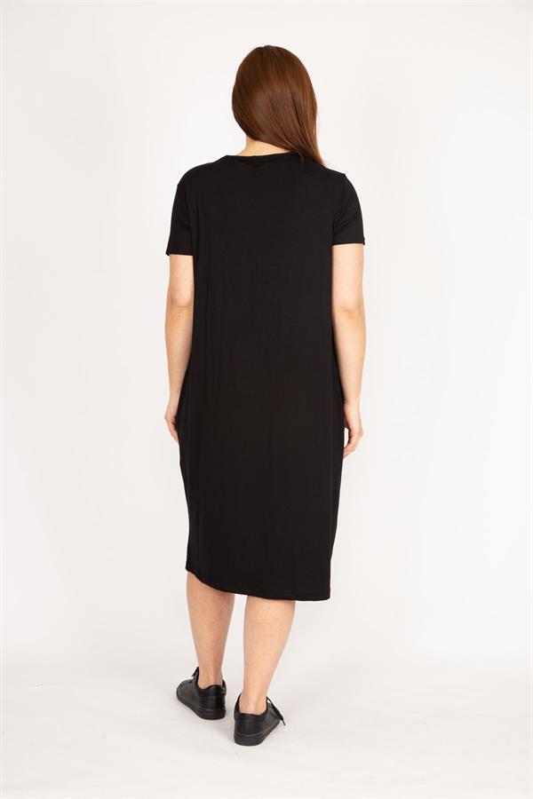 Kadın Lacivert Büyük Beden Cebi File Detaylı Kısa Kollu Viskon Elbise