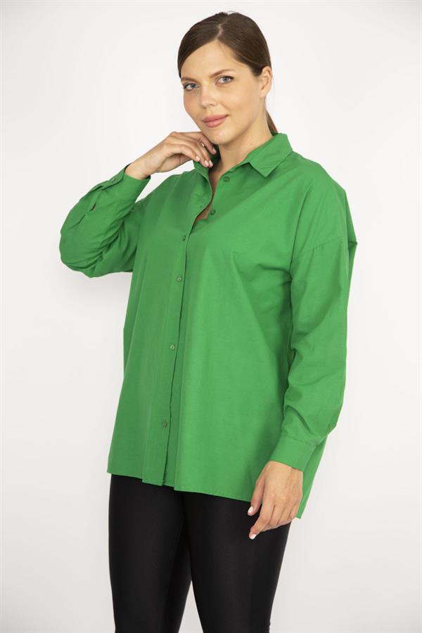 Kadın Büyük Beden Yeşil Ön Düğmeli Uzun Kollu Gömlek 65N37037
