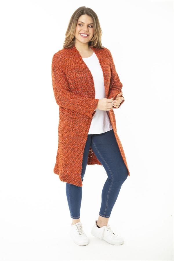 Kadın Büyük Beden Oranj Kalın Triko Hırka 65N37168