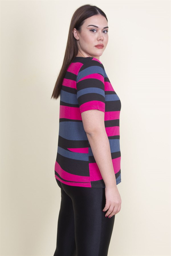 Kadın Fuşya Bisiklet Yakalı Pamuklu Kumaş T.Shirt 65N21080