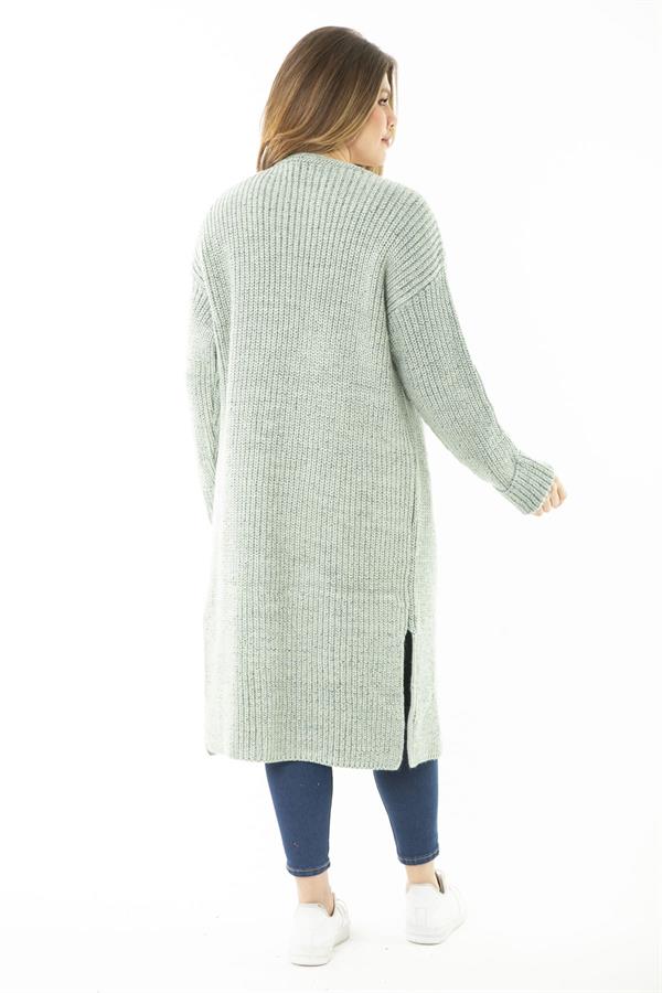 Kadın Büyük Beden Yeşil Yırtmaçlı Kalın Triko Uzun Hırka 65N37140