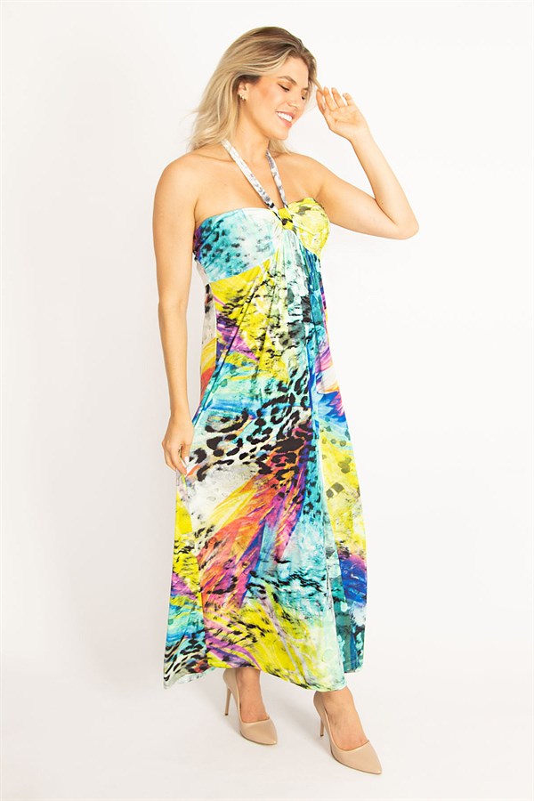 Kadın Renkli Straplez Renkli Uzun Elbise 65N34443