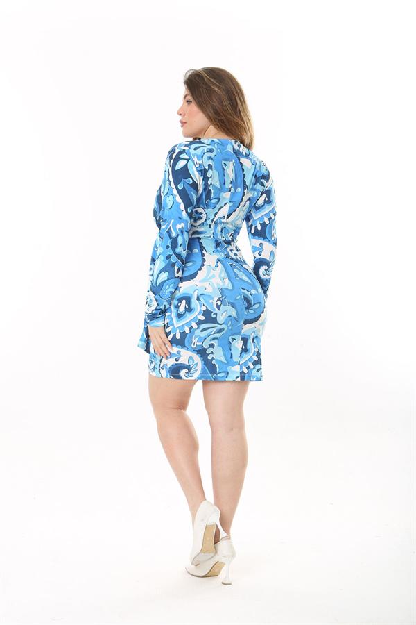 Kadın Büyük Beden Mavi Beli Toka Aksesuarlı Kapalı Anvelop Elbise 65N37546