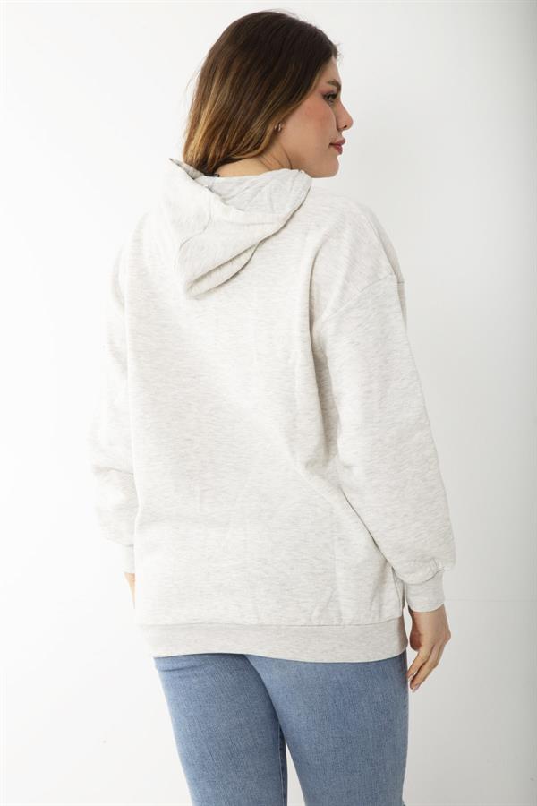 Kadın Büyük Beden Gri İçi Şardonlu Nakış Ve Kapşon Detaylı Sweatshirt 65N37208