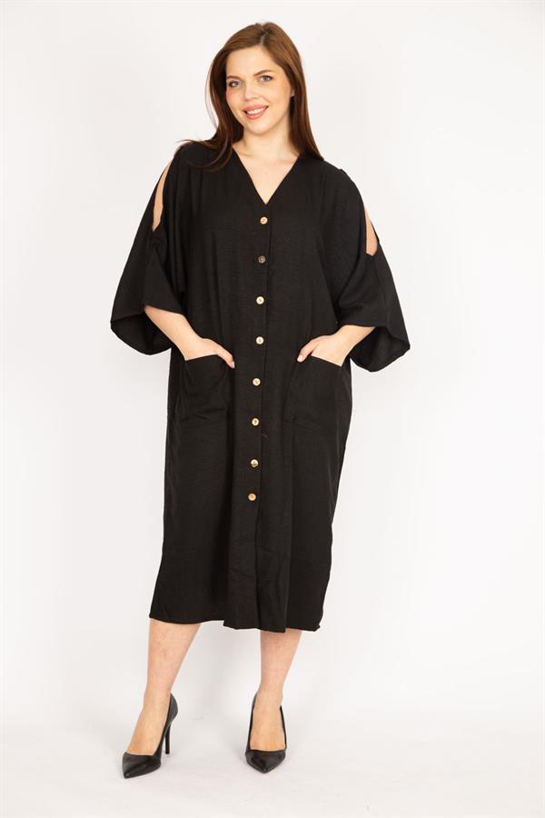 Kadın Camel Büyük Beden Omuz Dekolteli Ön Düğmeli Elbise