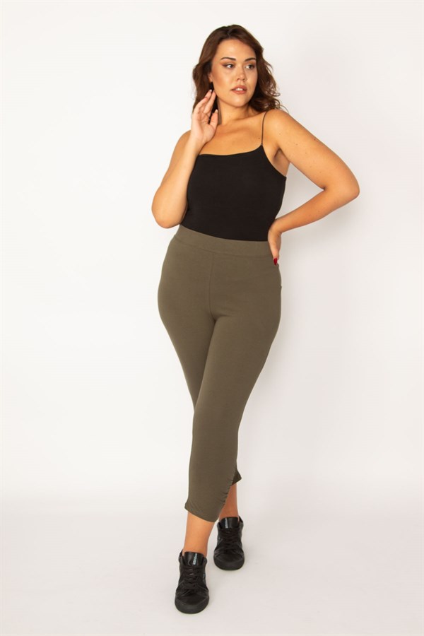 Kadın Haki Pamuklu Kumaş Paçası Büzgü Detaylı Tayt Kapri  65N34125