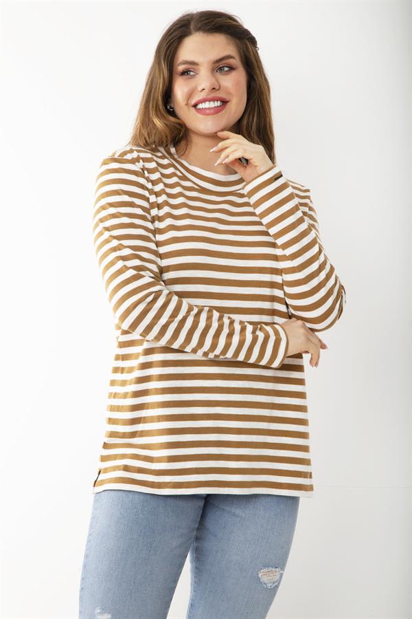 Kadın Büyük Beden Sütlükahve Uzun Kollu Çizgili Bluz 65N37217