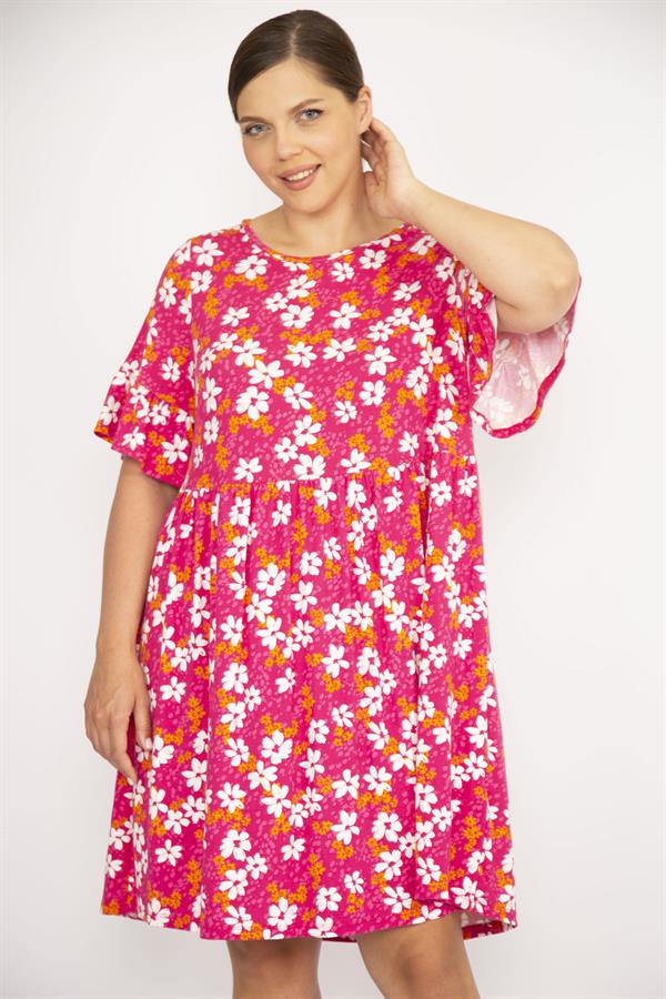 Kadın Büyük Beden Renkli Bisiklet Yakalı Volan Kollu Belden Büzgülü Elbise