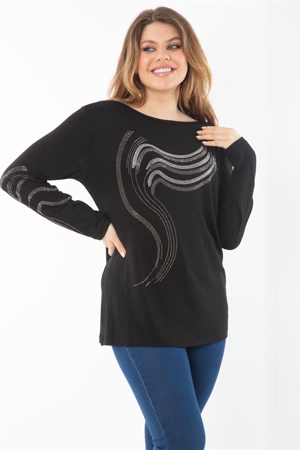 Kadın Büyük Beden Siyah Kol Ve Önü Taş Detaylı Bluz 65N37325