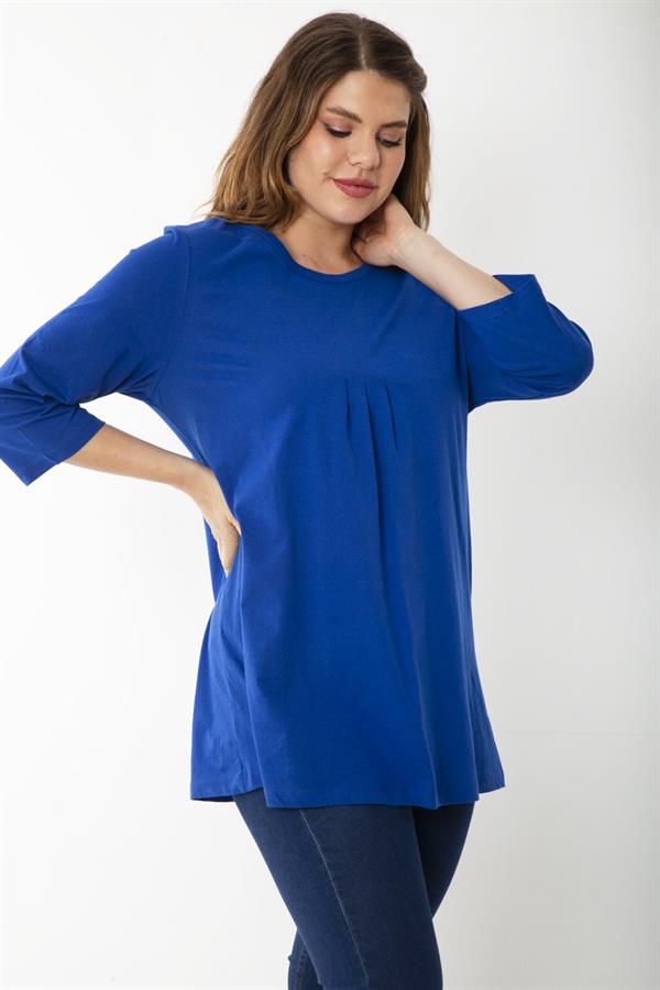 Kadın Büyük Beden Kemik Pamuklu Kumaş Pile Detaylı Kapri Kollu Bluz 65N37225