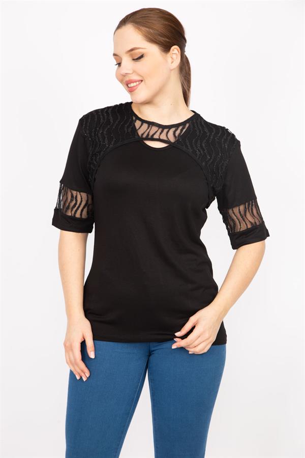 Kadın Siyah Büyük Beden Flok Tül Detaylı Bluz