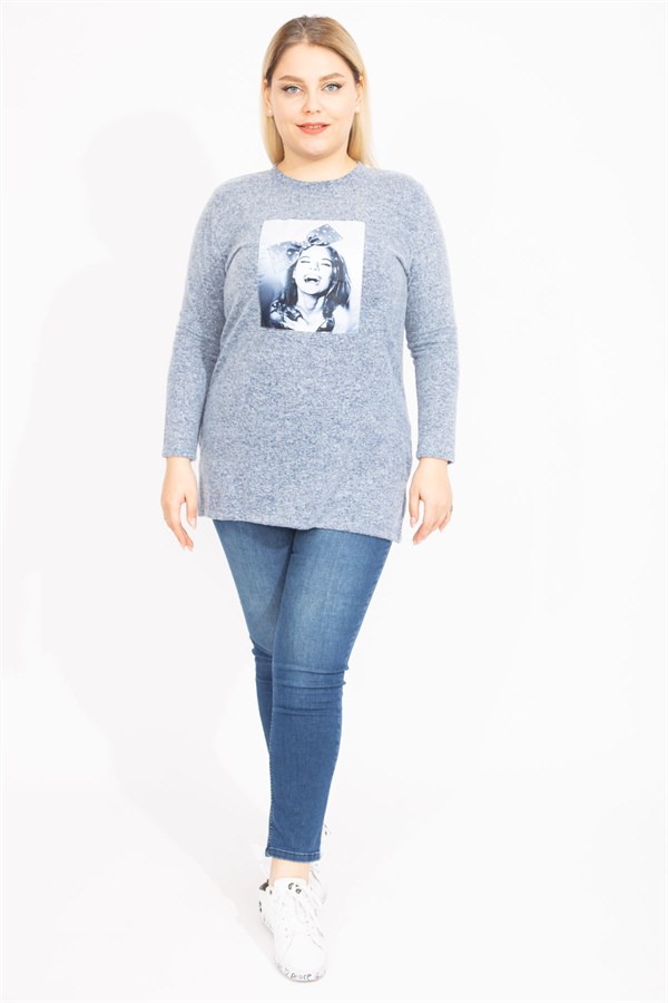 Kadın Mavi Yün Viskon Kumaş Aplike Ve Yan Yırtmaç Detaylı Tunik 65N35449