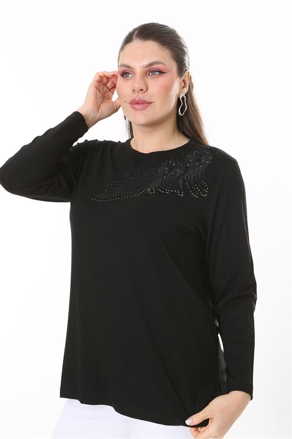 Kadın Büyük Beden Siyah Aplike Dantel Ve Taş Detaylı Uzun Kollu Bluz 65N37688