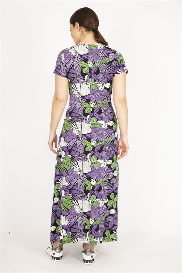 Kadın Mor Büyük Beden Anvelop Yakalı Renkli Uzun Elbise