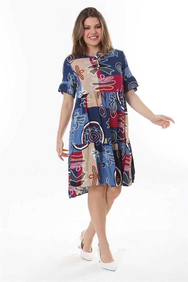 Kadın Büyük Beden Mavi Dokuma Viskon Kumaş Kısa Kollu Katlı Elbise 65N37762
