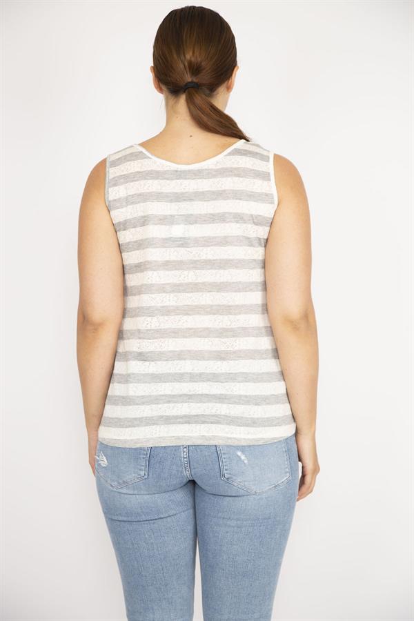 Kadın Gri Büyük Beden Bisiklet Yakalı Kolsuz Çizgili Bluz