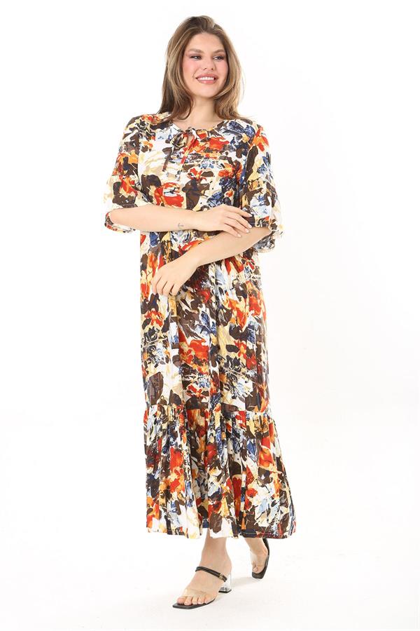 Kadın Büyük Beden Mavi Dokuma Viskon Kumaş Eteği Katlı Kısa Kollu Elbise 65N37868