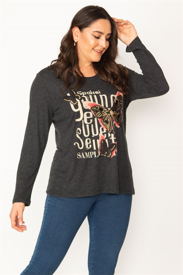 KADIN FÜME BASKI DETAYLI TAŞ İŞLİ KELEBEK FİGÜRLÜ BİSİKLET YAKA TUNİK