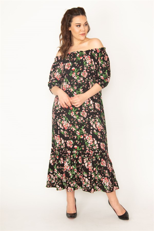 KADIN EFLATUN DOKUMA VİSKON KUMAŞ MADONNA YAKA KOL AĞZI VE YAKASI LASTİKLİ KATLI ELBİSE