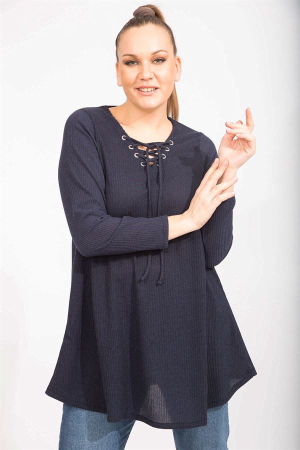 Kadın Antrasit Rahat Kesim Kaşkorse Kumaş Yakası Kuşgözü Bağcık Detaylı Uzun Tunik 65N35499