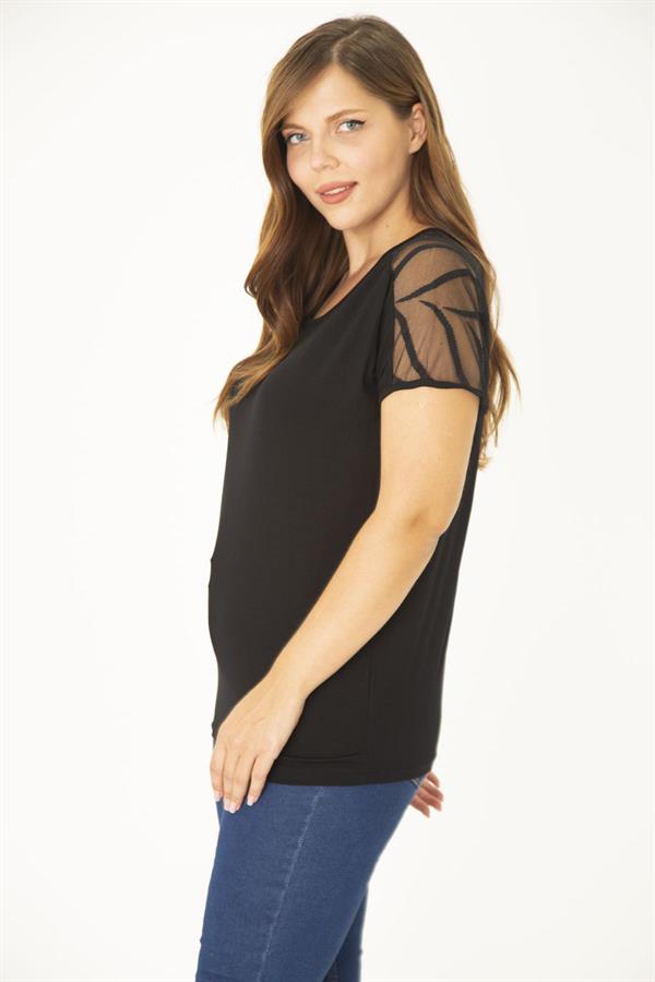 Kadın Büyük Beden Siyah Arka Robası Fermuar Ve Dantel Detaylı Bluz 65N36943