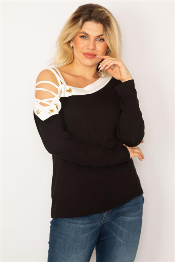BLOUSE BICOLORE NOIRE POUR FEMME AVEC DÉTAILS ŒILLETS