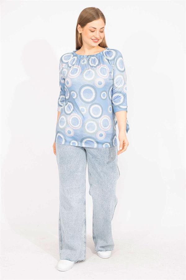 Kadın Mavi Büyük Beden Yaka Lastikli Kol Bağcıklı Bluz 65N35665
