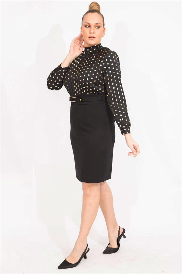 KADIN LACİVERT PUAN DESENLİ BELİ KEMERLİ ELBİSE