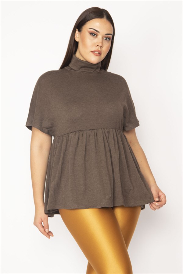 Kadın Kahve Boğazlı Yaka Bel Büzgülü Düşük Kol Triko Bluz 65N29661