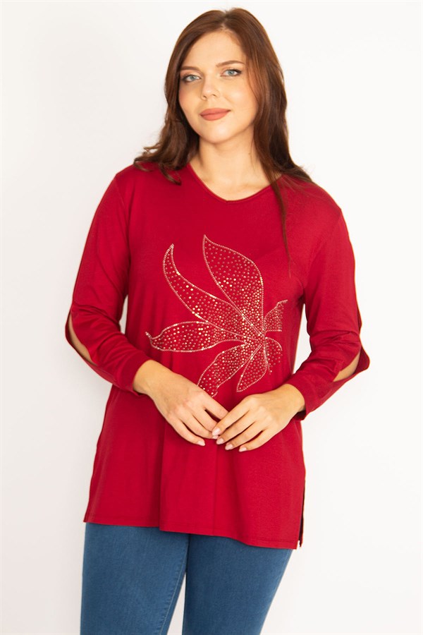 Kadın Bordo Kol Dekolteli Taş Detaylı Bluz 65N34764