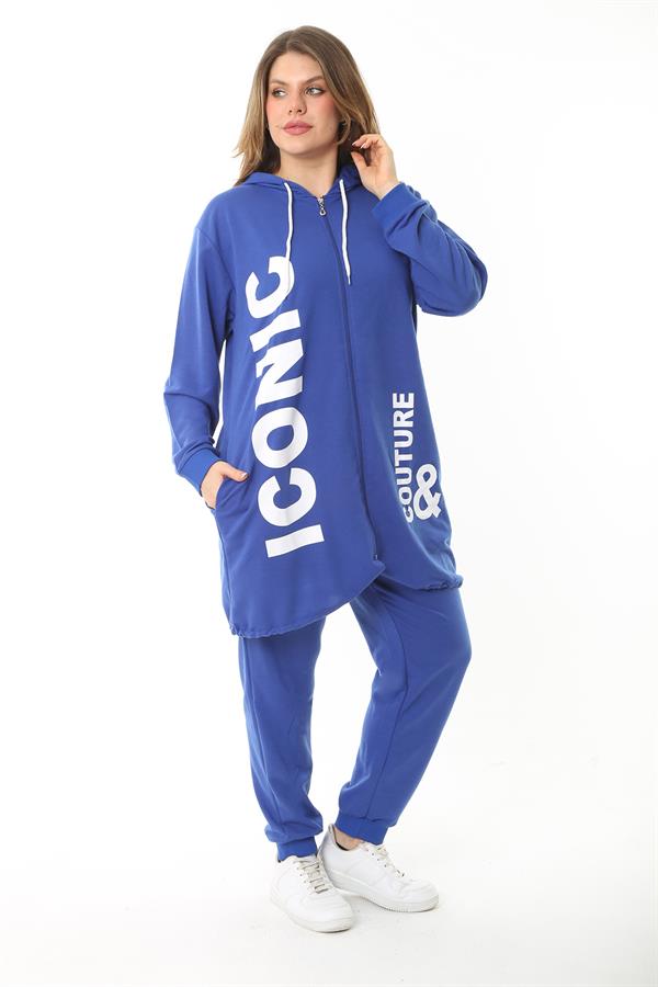 Kadın Büyük Beden Gri Baskı Ve Fermuar Detaylı Kapşonlu Sweatshirt Pantolon Takım 65N37128