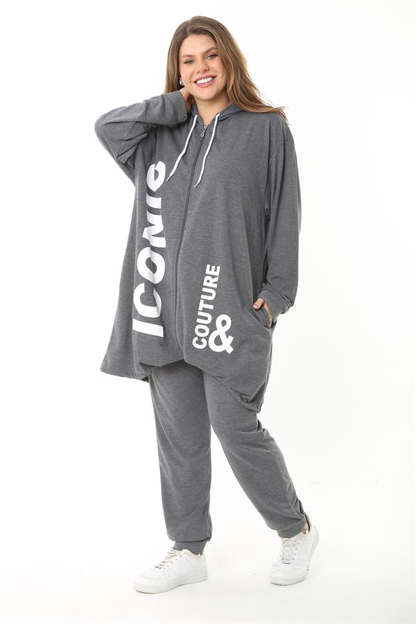 Kadın Büyük Beden Gri Baskı Ve Fermuar Detaylı Kapşonlu Sweatshirt Pantolon Takım 65N37128