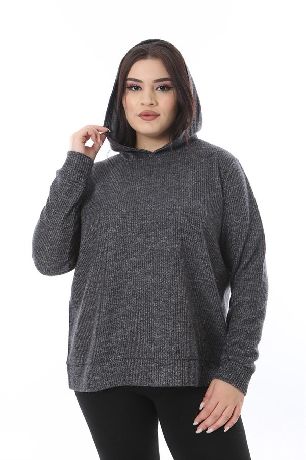 Kadın Büyük Beden Antrasit Yün Viskon Kumaş Kapşonlu Sweatshirt 65N38520