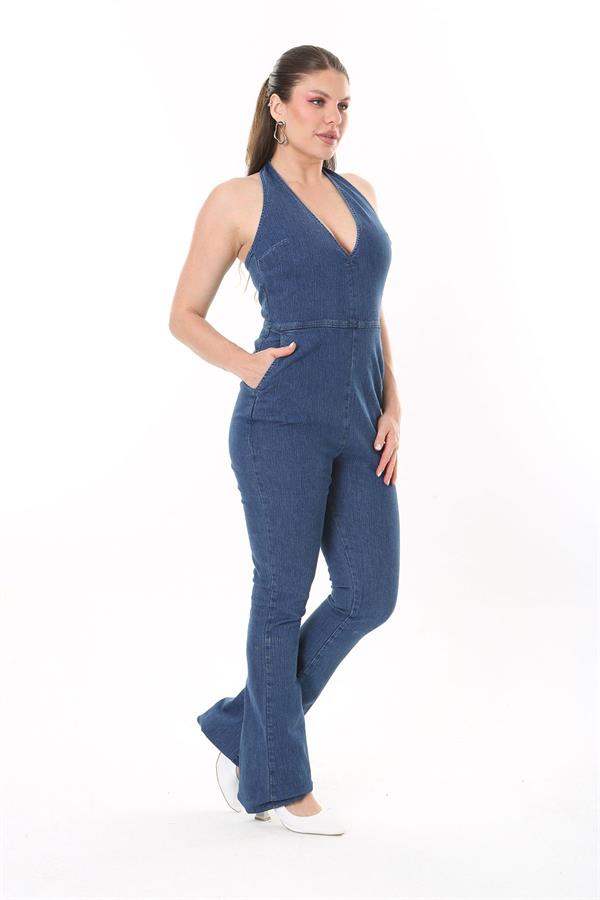 Kadın Büyük Beden Lacivert Sırt Dekolteli Kot Tulum 65N37732