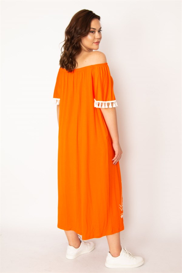 Kadın Kırmızı Karmen Yaka Nakış Ve Püskül Detaylı Uzun Elbise 65N33437