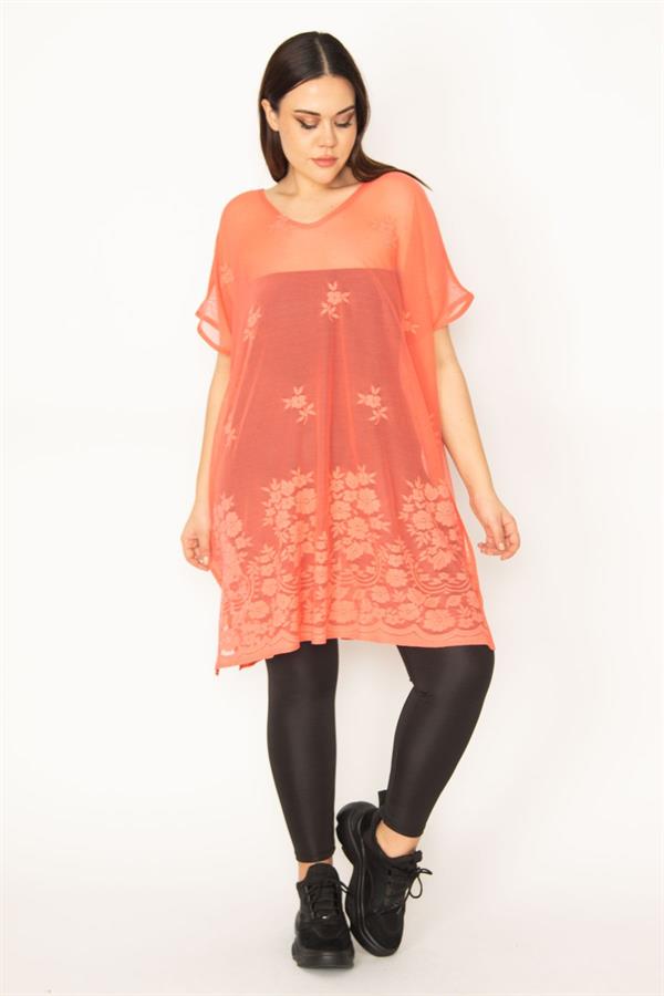 Kadın Büyük Beden Nar Astarsız Dantel Tül Tunik 65N37672