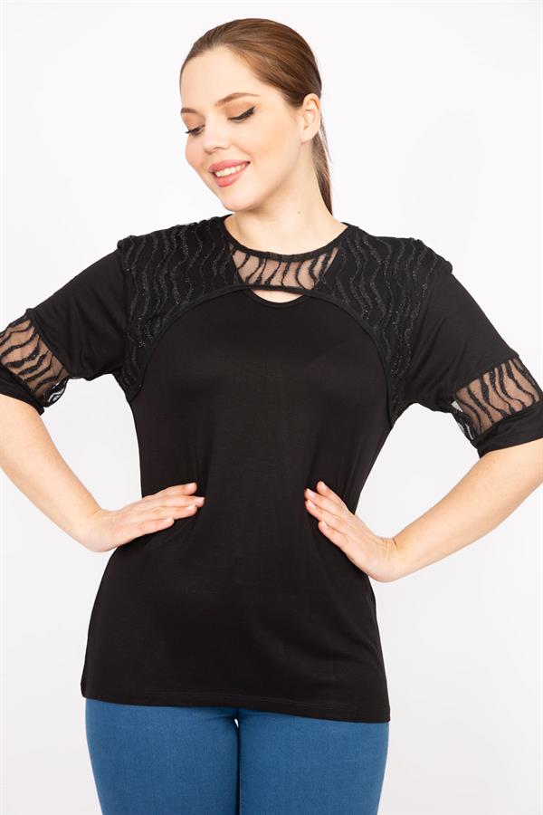 Kadın Siyah Büyük Beden Flok Tül Detaylı Bluz