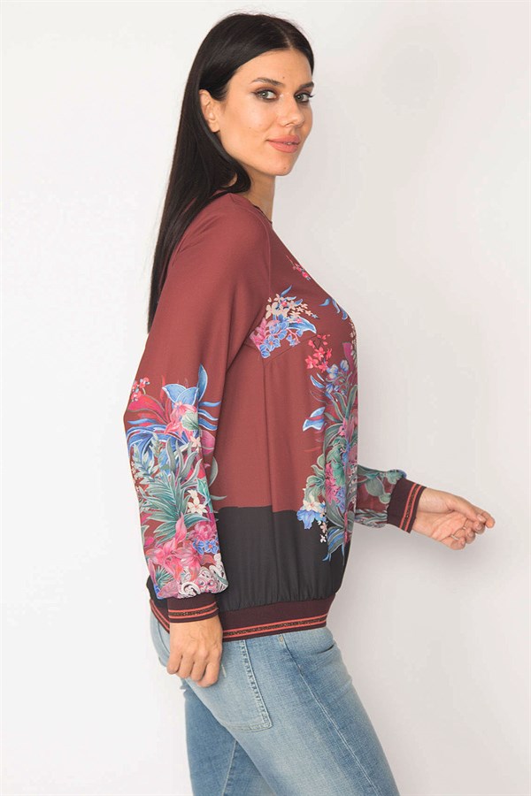 KADIN BORDO KOLAĞZI ETEK UCU VE YAKA RİBANALI BİSİKLET YAKALI BLUZ