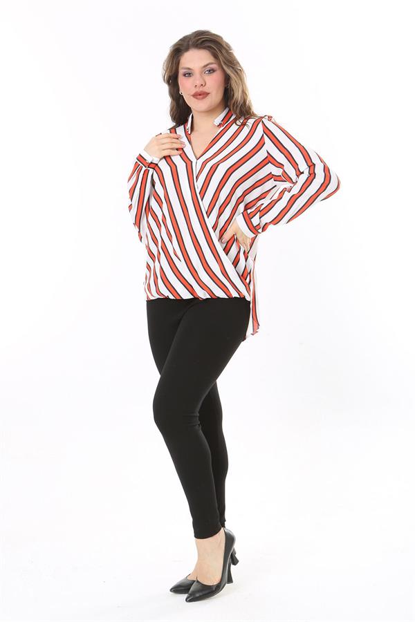 Kadın Büyük Beden Bej Dokuma Viskon Kumaş Kapalı Anvelop Bluz 65N37614