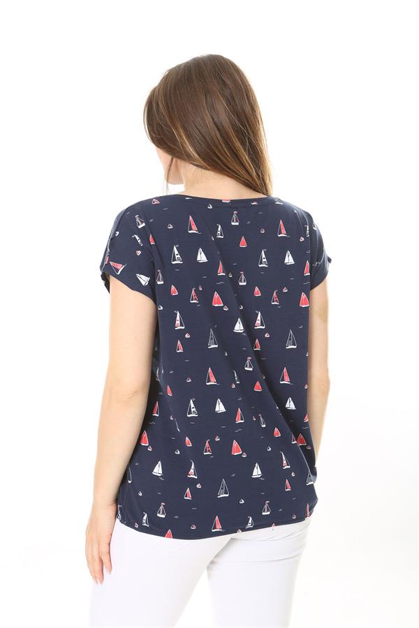 Kadın Büyük Beden Lacivert Pamuk Kumaş Etek Ucu Lastikli Düşük Kollu Bluz 65N37895