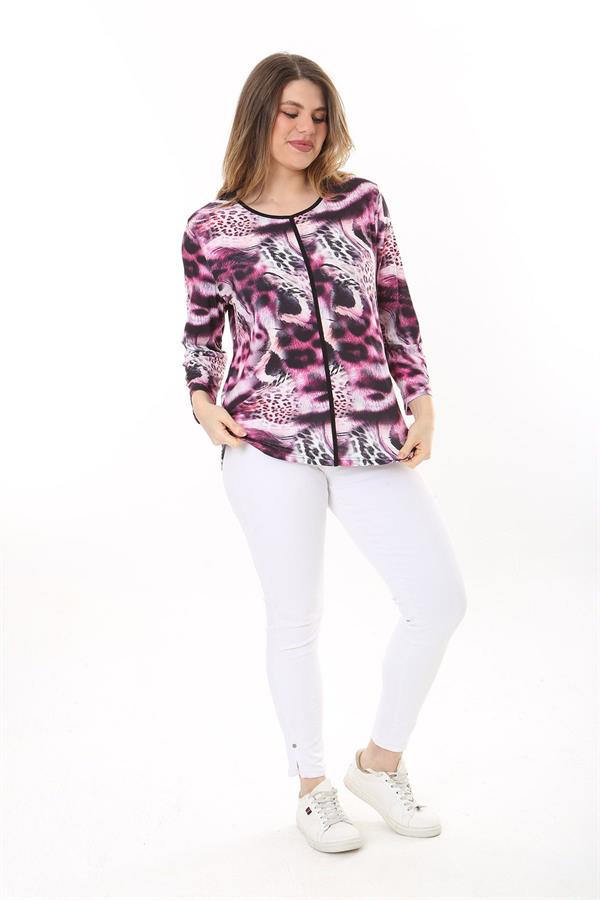 Kadın Büyük Beden Renkli Bisiklet Yakalı Uzun Kollu Bluz 65N37615