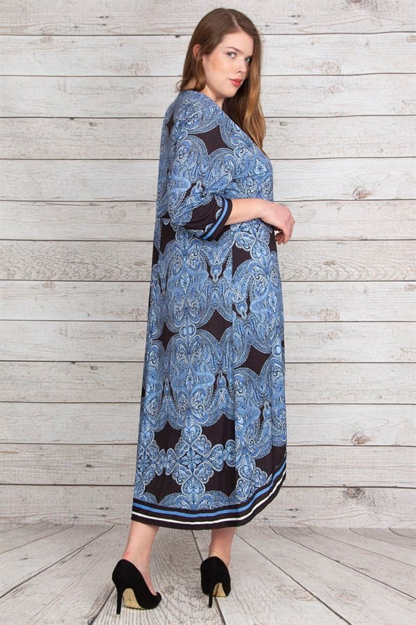 Kadın Mavi Anvelop Yakalı Desenli Uzun Elbise 65N23192