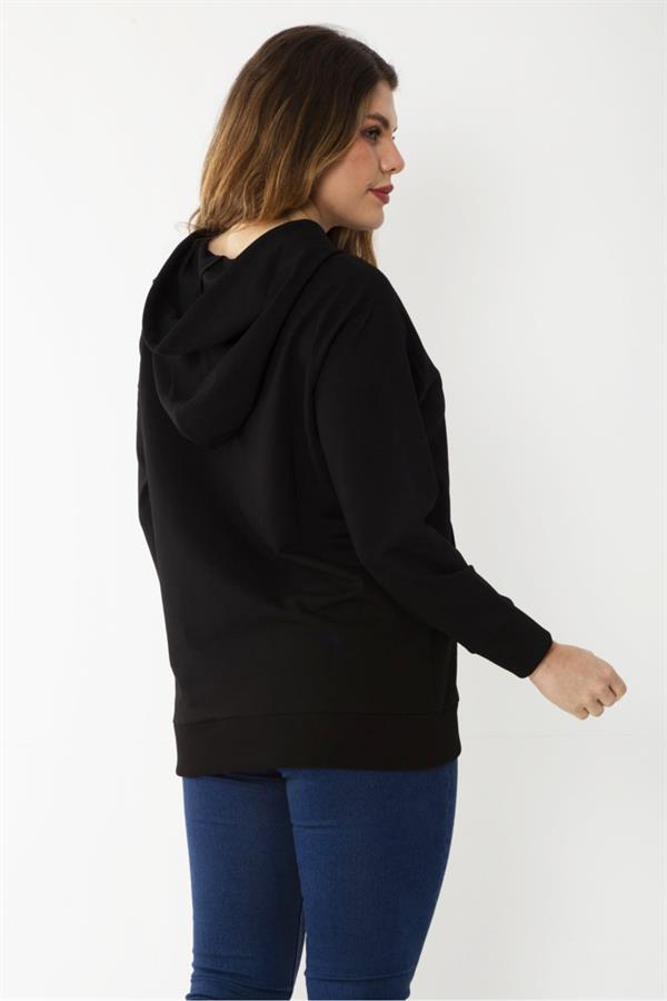 Women's Plus Size Black Hooded Kangaroo Pocket Sweatshirt 65N37197