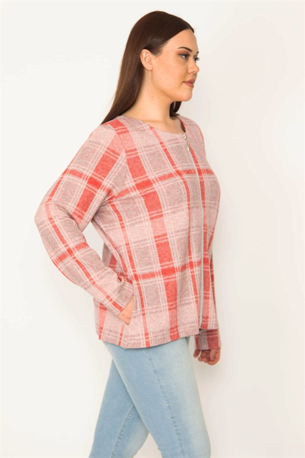 KADIN KIRMIZI ÖN FERMUARLI EKOSE DESEN ASTARSIZ CEKET