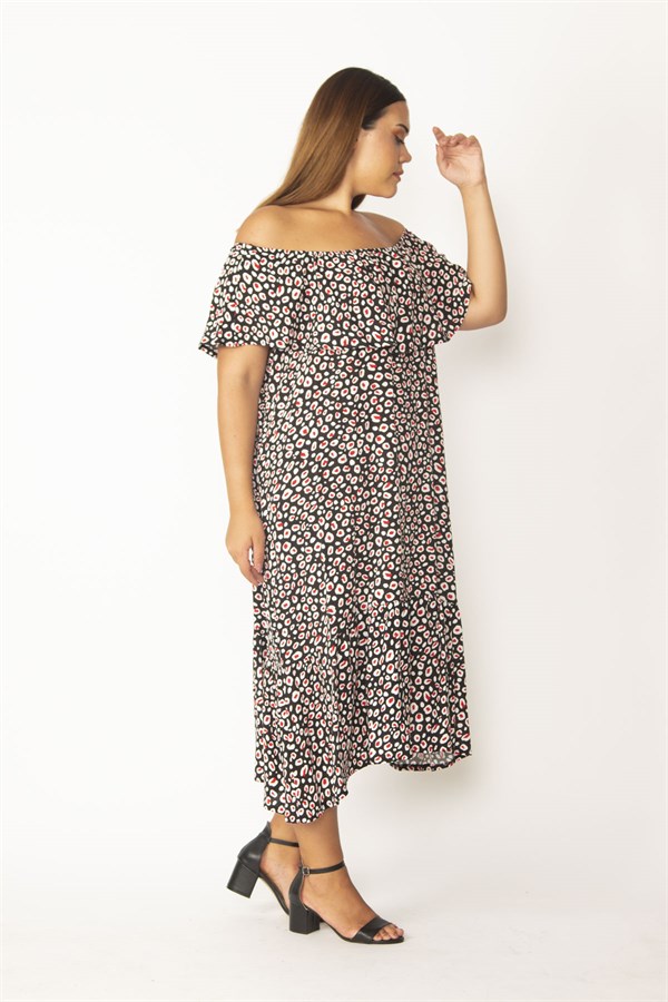 Kadın Kırmızı Yakası Lastik Ve Volan Detaylı Etek Ucu Katlı Dokma Viskon Kumaş Elbise 65N28546