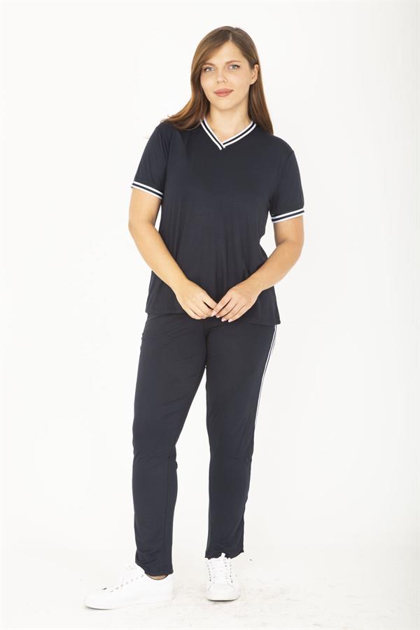 Kadın Büyük Beden Lacivert Ribanall Kısa Kollu Bluz Pantolon Eşofman Takım 65N36811