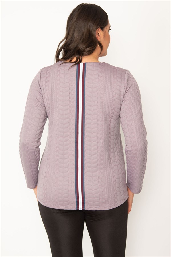 KADIN LACİVERT V YAKALI ARKA ŞERİT DETAYLI KENDİNDEN DESENLİ TUNİK