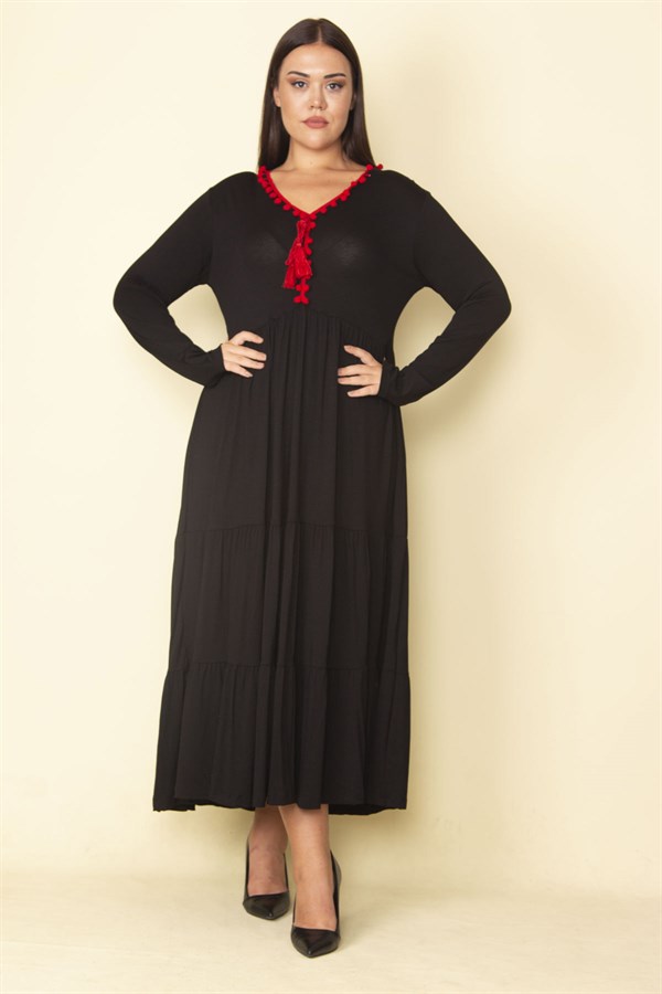 Kadın Kırmızı Yaka Detaylı Belden Büzgülü Katlı Uzun Elbise 65N28082